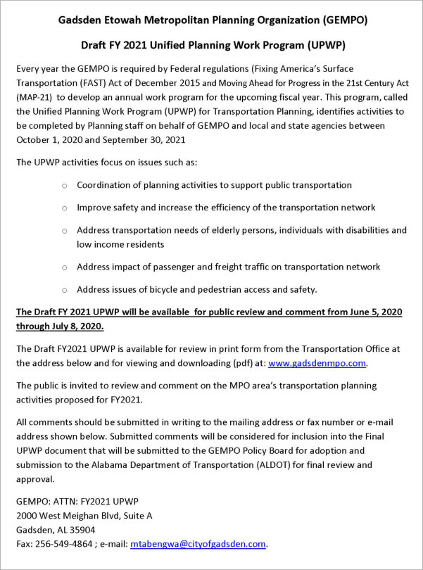 GEMPO Draft FY 2021 Unified Planning Work Program